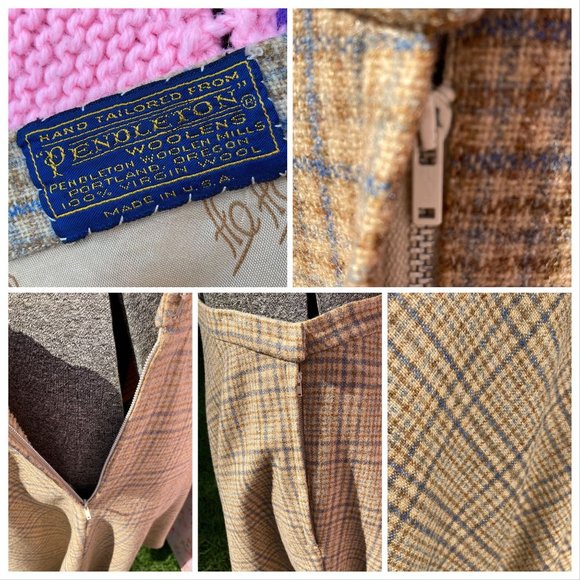 Vintage 50s 60s pendleton wool plaid skirt XS S tartan made in USA beige blue - Picture 2 of 10